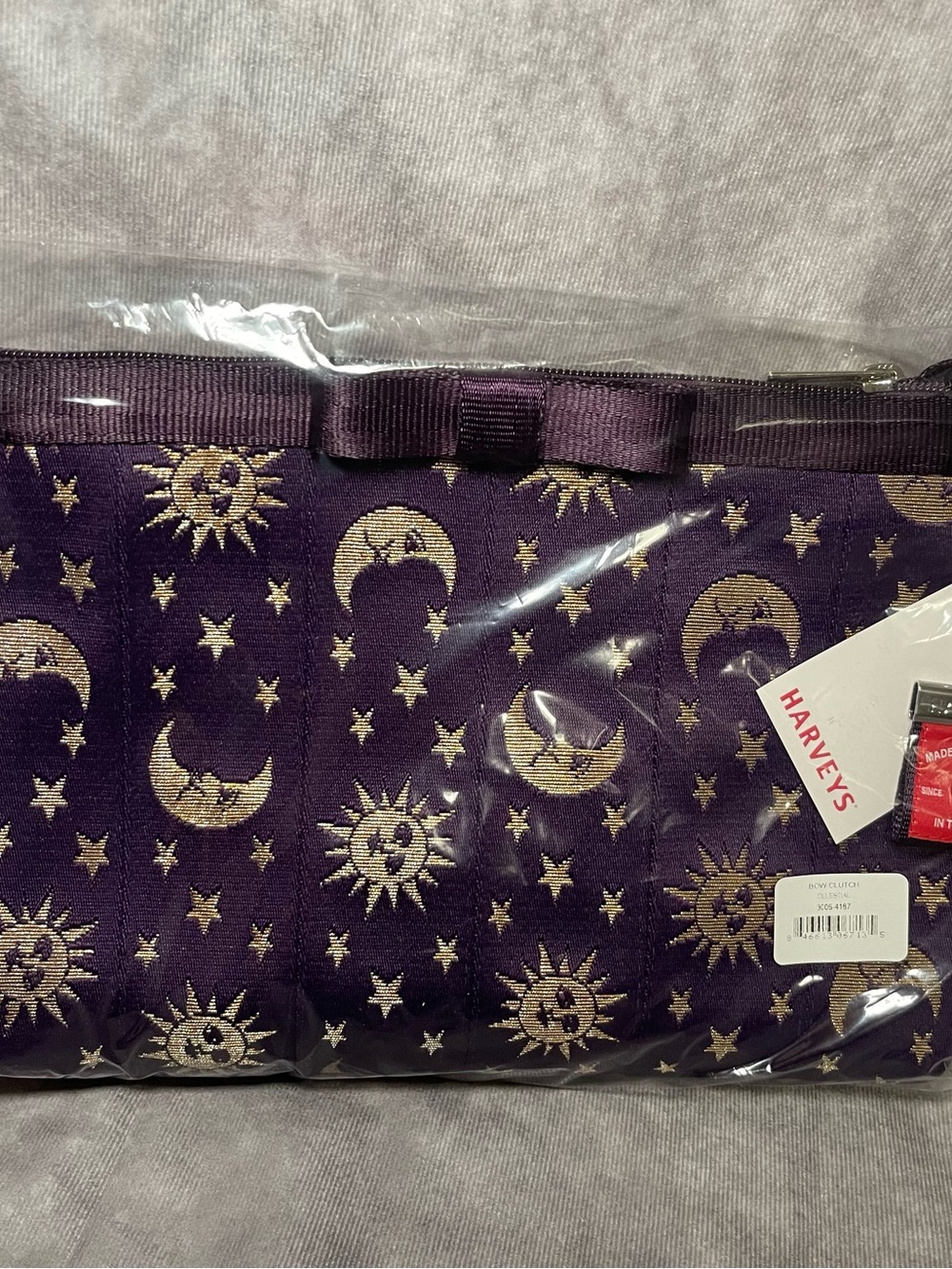 NIP Harvey’s Seatbelt Celestial Bow Clutch Stars & Moons BlackBerry Trim